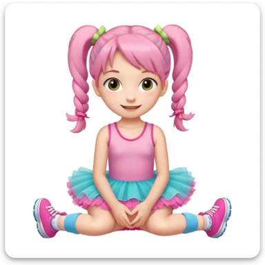 A cute young girl with pigtails sits on the floor, wearing a pink tutu dress and colorful sneakers. She has large, expressive eyes and a cheerful smile, resting her chin on her hands. The background is a soft, neutral color that enhances her playful demeanor. sticker