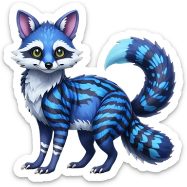Feral Rare Fantasy scaly evil spooky vibrant dark shady shaded detailed deep-dark-cobalt-blue-gradients-colored colorful Vernid-Tanuki-Sergal-Genet-Trico-Fox-species by LiLaiRa, with dark-blackish points, white belly, random markings, tufted tail, tufted ears, full body sticker
