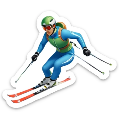 An icon featuring snowy peaks, pine trees, and a picturesque mountain landscape with a skier racing down a snow-covered slope. The sky is blue with soft clouds, capturing the thrill and beauty of alpine skiing. Transparent background highlights the excitement and serenity of winter sports. sticker
