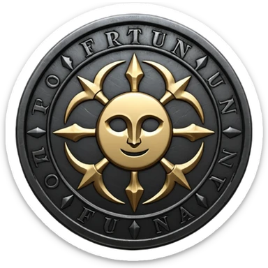 Minimal emoji, gothic metal coin made of black steel, engraved word FORTUNA at the center, ancient industrial aesthetic, worn metal texture, no glow, no neon, flat emoji design, centered, transparent background sticker