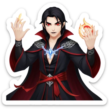 Cinematic Realistic WoW Vampire Mage Portrait, captured in a dynamic, battle-ready pose as he unleashes a torrent of arcane energy. His pallid skin and sleek dark hair contrast sharply with the flowing black robe adorned in silver filigree and glowing runes, while his crimson eyes radiate unyielding power. Rendered with intense, lifelike texture and dynamic, eerie lighting, high shine, embodying the fierce, relentless spirit of a dark sorcerer. sticker