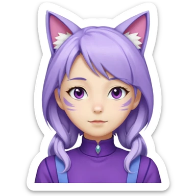 female anime character with long white and periwinkle hair and cat ears on her head. She is wearing a purple outfit with a high neckline and long sleeves.  sticker