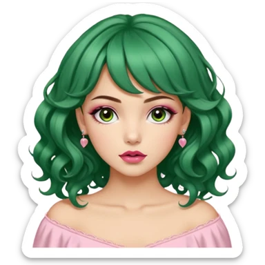 Una chica de cabello marrón con ojos de un verde acaramelado labios rosados cabello suelto con ondas un fleco corto en medio y otros dos a los lados en modo fleco cortina dos mini coletitas a los lados con lazitos  sticker