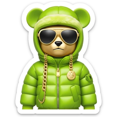 geometric bearbrick in lime balaclava with brand logos, luxurious puffy winter jacket with fur collar, futuristic one-piece shield sunglasses, multiple gold chains, hip hop style sticker