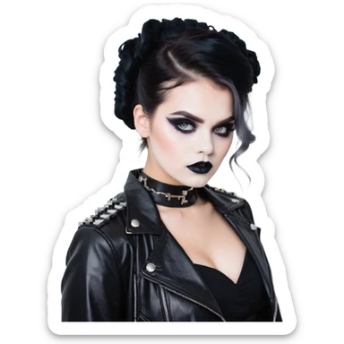 Chucky's bride with black lipstick, black dress, leather jacket, and smoky eye makeup sticker