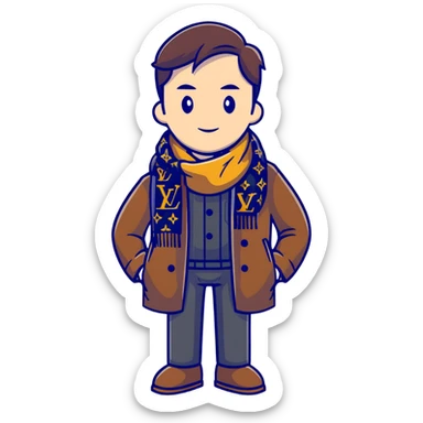 elegant man wearing Louis Vuitton coat and scarf with the iconic LV monogram sticker