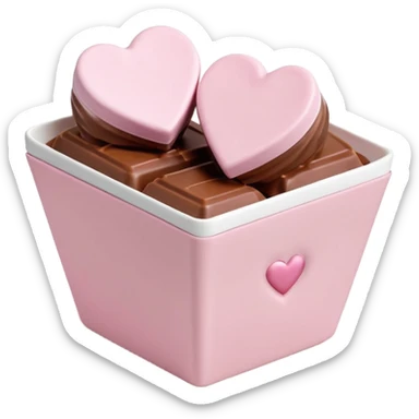 Two glossy square milk chocolate pralines placed diagonally, each in a white ridged paper cup, topped with a soft pastel pink heart icing with subtle sugar sparkle.
Cute minimal emoji-style, realistic and polished, clean studio lighting, pure white background, smooth 3D render, high resolution. sticker