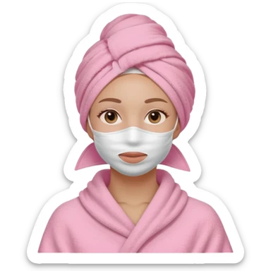 Clean girl influencer character, chest-up portrait, wearing a pink towel wrapped around the head, full face facial skincare mask on face, relaxed confident expression, soft glow skin, minimal chic aesthetic, subtle beauty accessories, calm self-care vibe sticker