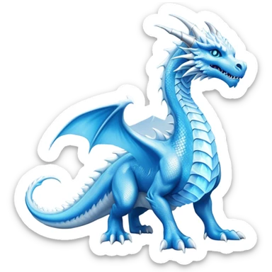 Cinematic Noble wise elegant Ice Dragon full body  Emoji, Poised and imposing, distinct long elegant snout, with a slender, scaled body shimmering in glacial hues of icy blue, frostbitten silver, and crystalline white, breathing out frost, with piercing, glowing ice blue white eyes that radiate the chilling depths of an arctic storm; rendered in detail. excuding wisdom sticker