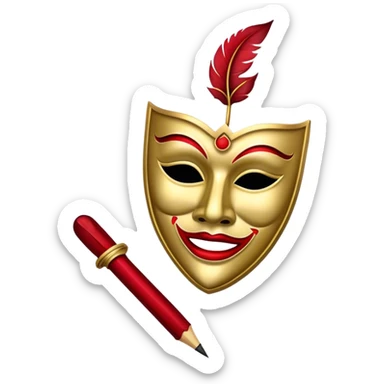 Create a bold and dramatic emoji representing the art of playwriting. The design should feature an open script or a theater playbook, with stylized text inside. Include elements like a theatrical comedy and tragedy masks, a stage spotlight, or a writting quill to symbolize creativity and performance. Use deep, contrasting colors like red, black, and gold to evoke the intensity and passion of drama. The overall design should feel dramatic, inspiring, and artistic. Make the background transparent. sticker