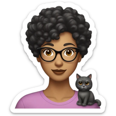 A curly woman with black hair and glasses, a big nose, eyebrows close to the eyes and a small sweet spot under the lips on the left side holds a gray cat sticker