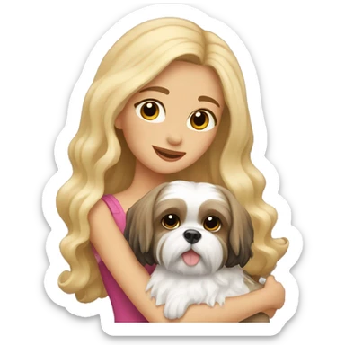 a girl with long, wavy brunette hair hugging a Shih Tzu with blonde fur and a cute bow sticker