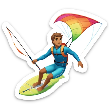 A professional kite surfer riding the waves, holding the kite in front of them as the wind fills the sail, propelling them across the water. The backdrop features a stunning landscape with a vibrant sky, crashing waves, and a sense of motion and adventure. sticker