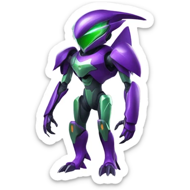 a shiny purple-green-red Genesect-Raptor-Fakémon—hybrid with a futuristic visor-helmet full body sticker