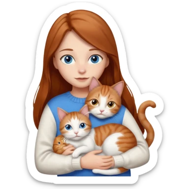 a girl with long brown hair, with blue eyes, in a
white sweater, hugs 3 cats a brown tabby and white, a ginger and white and a grey and white sticker