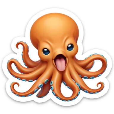 Cinematic Cute Yawning Octopus Portrait Emoji, Head tilted slightly with a dramatic, wide-open yawn, showcasing a plump, light orange body decorated with delicate blue rings and loosely draped arms with sleepy, half-closed eyes, Simplified yet irresistibly adorable features, highly detailed, glowing with a soft, cozy underwater glow, high shine, relaxed yet expressive, stylized with a hint of whimsical aquatic charm, soft glowing outline, capturing the essence of a drowsy yet affectionate octopus that appears ready to stretch and yawn its way out of the screen! sticker