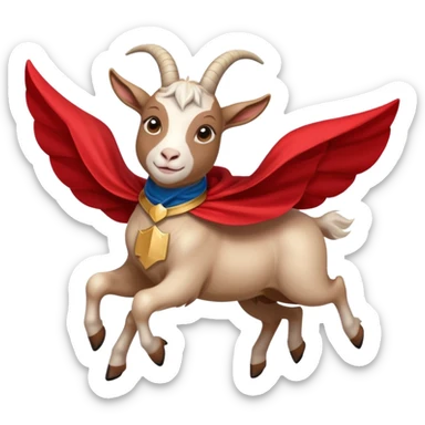 side view of white female goat wearing a read cape like superman sticker