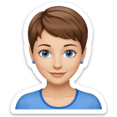 Frau helle Haut, braun mit dunkelblonden spitzen, kurzhaarfrisur Pixie schnitt, blaue Augen, mittleres alter sticker