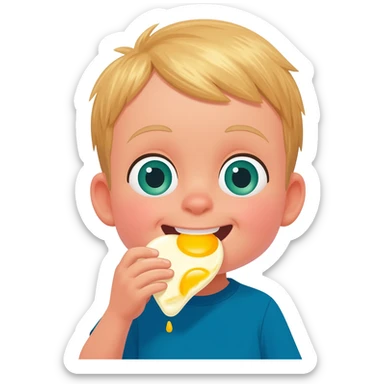 Use the same 3 year old blonde boy with green-blueish as before eyes happy eating scrambled eggs for breakfast sticker