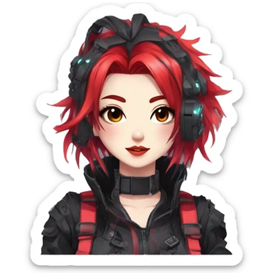 Gorgeous futuristic colorful techwear anime style lady with blushing face aesthetic and pretty edgy black red punk messy wild cute hair with collar and harness trending style sticker
