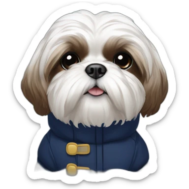 White and brown Shih tzu in navy blue puffer coat sticker