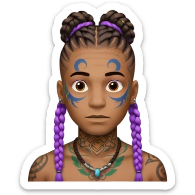 big lose braids starting from the top of the head man with mustache face wiith big visible braids and lots and lots of colored face tattoos colored tattoos like a tattoo artist hair unique color sticker