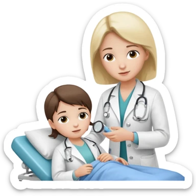 A young medic (woman) attending to a child patient at the local hospital sticker