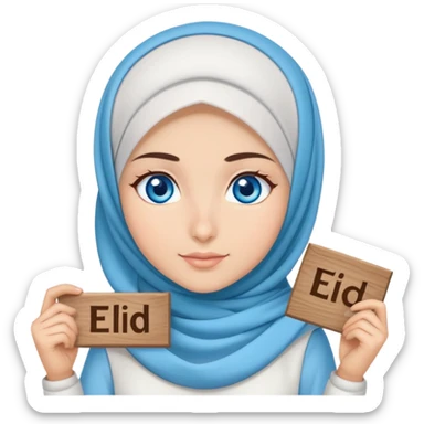 Turkish beautiful finish Konya girl blue eyes with cloudy hijab dress islamic dress and had on her hand text Eid Mubarak  sticker