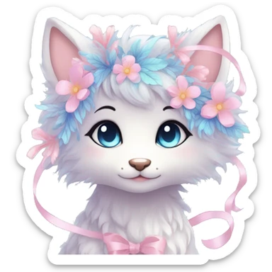 Anthro Cute Cool Blushing Pastel Innocent Shy Kawaii gorgeous sparkly ethereal fantasy anime animal creature with blue eyes furry sona with flowers and ribbons beautiful aesthetic sticker
