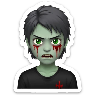 3D emoji-style avatar with grey zombie skin, dark brown hair, a young Asian face, and large green eyes with blood tears. Give it white litle bit messy mullet hair style , silver hoop earrings, and a plain black T-shirt. The face expression should be slightly angry, with vampire fang sticker
