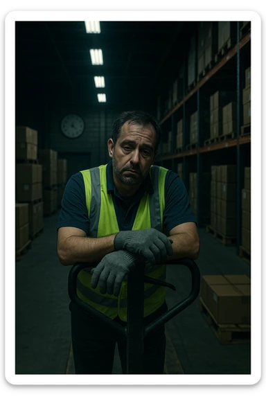 a tired warehouse worker in his 40s, wearing a reflective vest and work gloves, stands under harsh fluorescent lights in a large, dimly lit warehouse. He leans on a pallet jack, eyes heavy with fatigue and dark circles under them. Stacks of boxes and shelves loom in the background, and a wall clock shows it’s the middle of the night. The mood is somber and empathetic. sticker