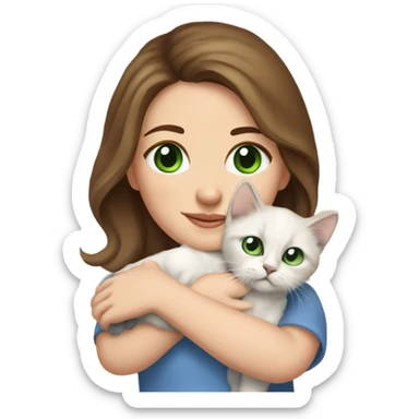 white woman with medium-length brown hair, green eyes and brown freckles on the face under the eyes, holding her sacre de birmanie kitten in her arms with much love, the baby cat has blue eyes, a lot of spots of dark on ears and middle of the face. sticker
