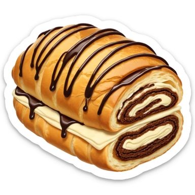  Chocolate-filled croissant roll, golden flaky pastry, chocolate drizzle on top, bite taken, white background, realistic food photo sticker