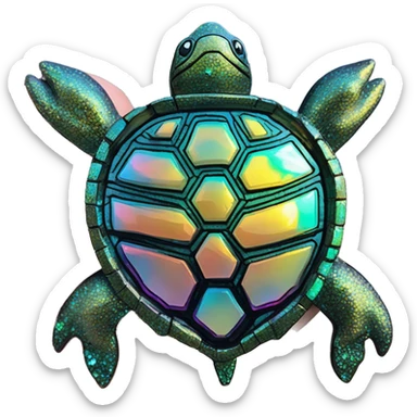 Sparkling Turtle made from kaleidoscopic crystalline rainbow oilslick cyan glass, stained glass art sticker
