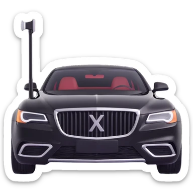 black luxury car with a visible dent, a hammer and a rod forming an X in the upper right part of the vehicle, reflection lamp illuminating the car, elegant and modern sticker