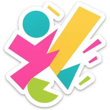 Increase abstraction and visual energy, using only dynamic, misaligned geometric elements and expressive color. Eliminate any literal or recognizable forms, focusing on movement and playful chaos. Keep it clean, bold, and suitable for an app icon and favicon. No background. sticker