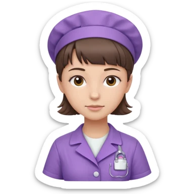 A young female slim nurse with short Brown hair with fringe over her forehead, wearing larvendar purple working cloth, without hat sticker