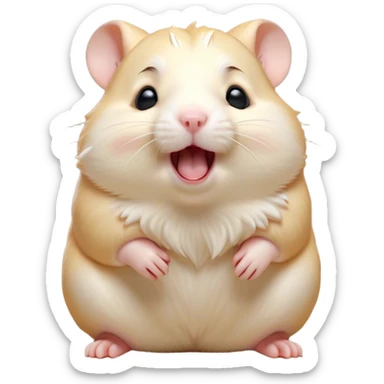 Cinematic Cute Yawning Cream Hamster Portrait Emoji, Head tilted slightly with a dramatic, wide-open yawn, showcasing a soft, pristine cream coat with tiny droopy ears, round dark eyes barely open in drowsy contentment, Simplified yet irresistibly adorable features, highly detailed, glowing with a soft, cozy glow, high shine, relaxed yet expressive, stylized with a touch of whimsy, bright and endearing, soft glowing outline, capturing the essence of a sleepy yet affectionate hamster, so drowsy it feels like it could stretch out of the screen and curl up for a nap! sticker