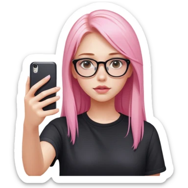 A teenage girl taking a selfie in a school bathroom. She has long, straight blonde and pink-dyed hair, wears rectangular glasses and a black shirt. Her expression is neutral with glossy lips sticker