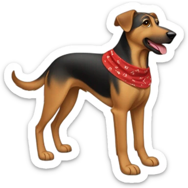 75% Coonhound 25% German Shepherd mix dog wearing small plain red bandana side view full body in profile left facing sticker