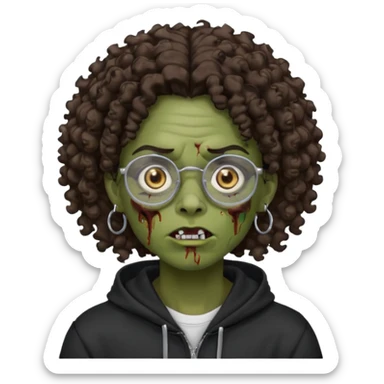 Chico moreno zombie, con gafas y sudadera negra, dos aretes en la oreja izquierda y dos en la derecha, ojeras en los ojos, pelo rizado sticker