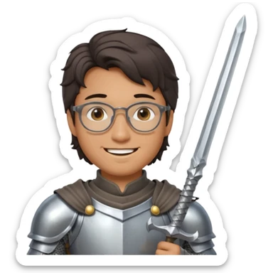 young half-Asian man with slightly wavy hair, glasses, dressed as a knight in shining armor, holding a sword, friendly expression, normal guy sticker