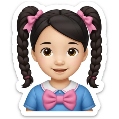 mixed toddler girl asian and american with bow pigtails, dark brown/black hair with big brown eyes sticker