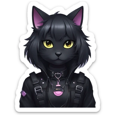 Gorgeous furry gothic dark techwear anime style anthro black cat furry sona Fakemon with blushing face aesthetic and pretty edgy black with collar and harness trending style sticker