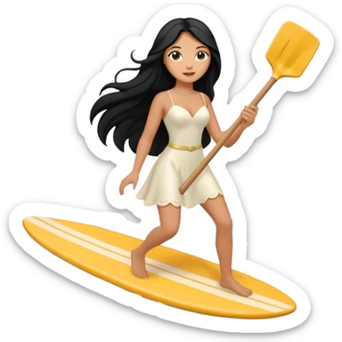 Bride black long hair holding her phone and long shovel with another hand. Under her feet, there is one surfing board. sticker