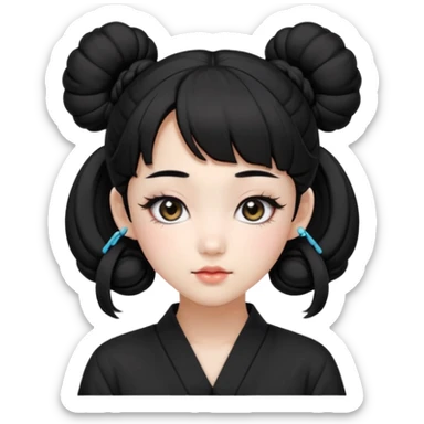 a beautiful girl face, wearing cute korean makeup, black hair, tied into two buns low near the ears with front bangs, kpop idol sticker