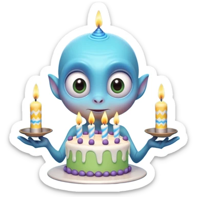 A cute friendly alien holding a birthday cake with candles, big expressive eyes, bright colors, cartoon style, playful atmosphere, 3D animated look, Pixar-inspired, highly detailed
 sticker