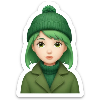 Girl with green hair wearing winter coat and a woolen hat with a relaxed posture and friendly face sticker