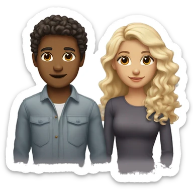 Tan skin girl with curly dark brown hair with dark brown eyes; with a  blonde guy with fair skin and straight hair with grey eyes sticker