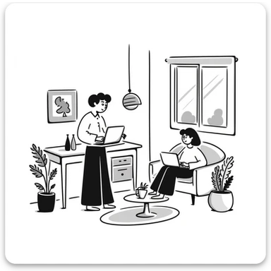 escenary 3d of a cozy mid-century living room with two people working on laptops, one man standing at a desk, and one woman sitting on a couch sticker